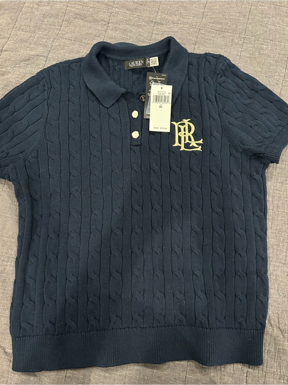 Ralph Lauren Navy Cable-Knit Polo with Cream Monogram and gold buttons
